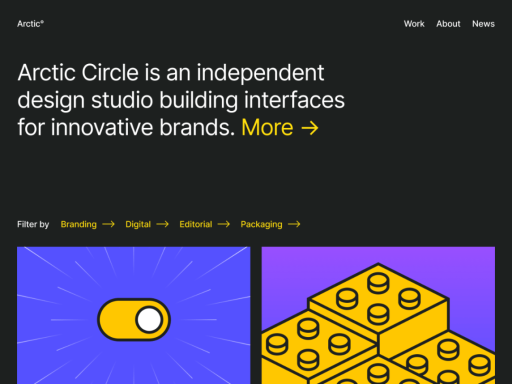 Website of the design studio Arctic Circle, with the headline 'an independent design studio building interfaces for innovative brands' and colorful illustrated tiles.