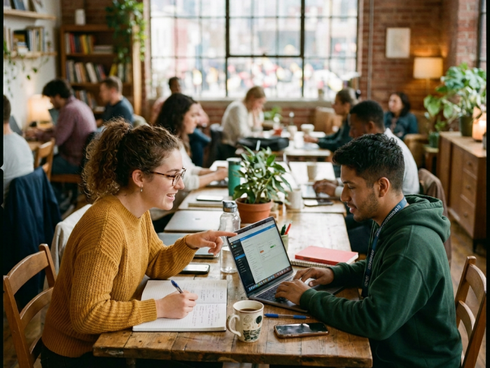 Two students collaborating over a laptop and notebook at a wooden table in a bustling café environment
